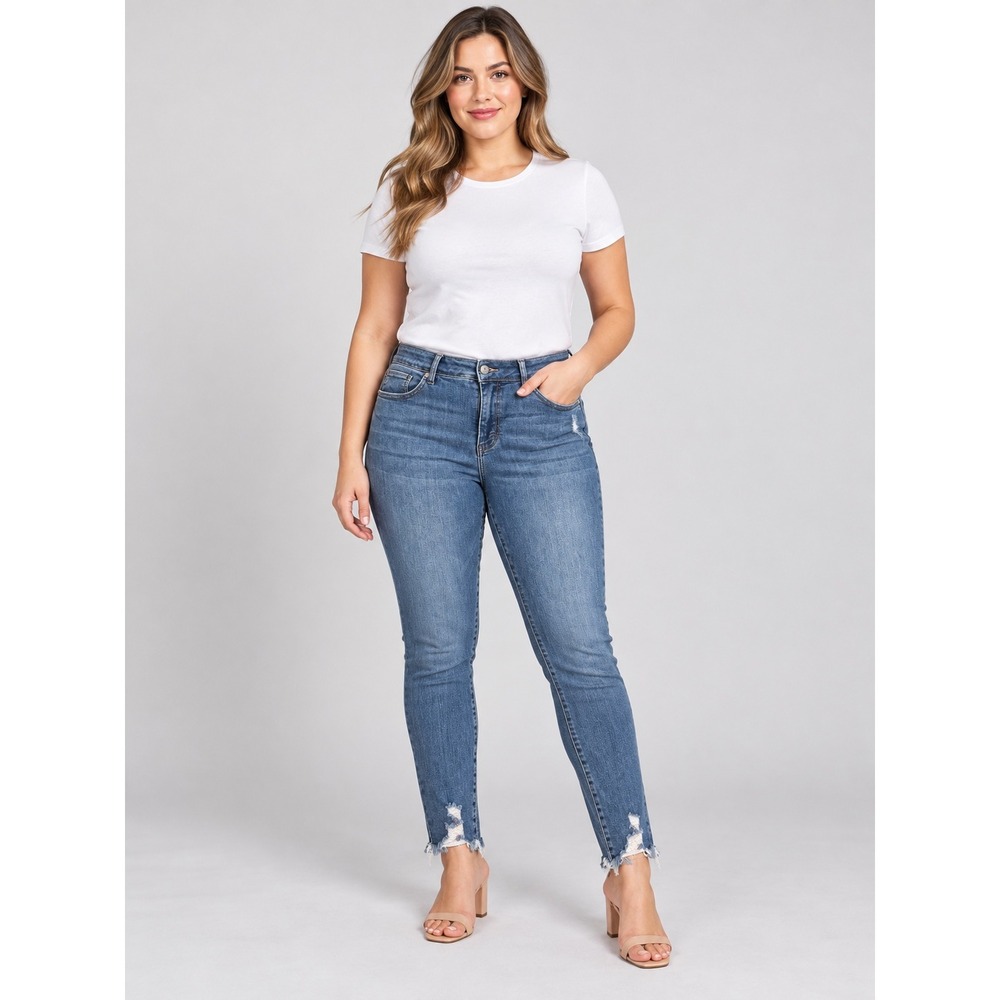 Judy Blue High Rise Jeans Women Medium Wash Distressed Raw Hem Skinny Fit